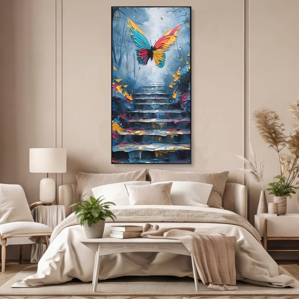 Tablou canvas cu tablou canvas cu fluture multicolor si scari, in rama de aluminiu negru, pe perete intr-un dormitor