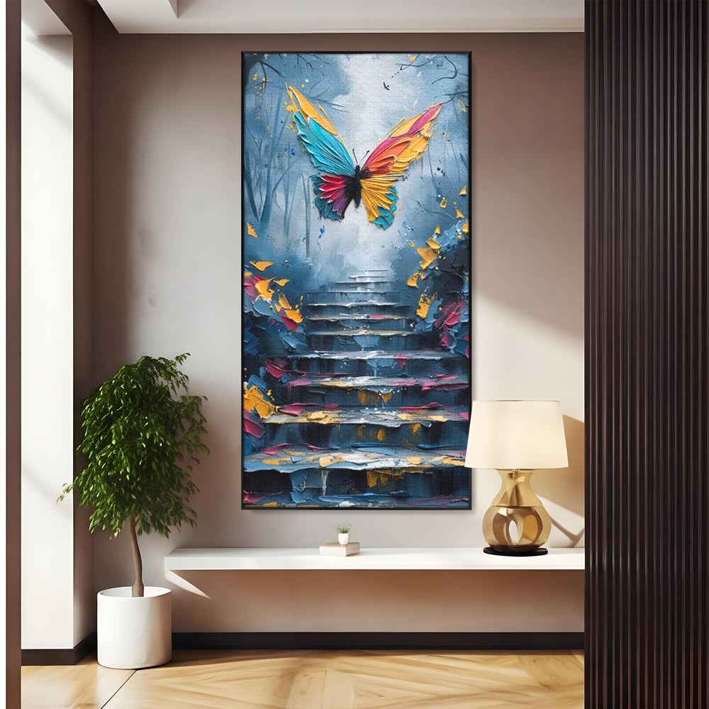 Tablou canvas cu tablou canvas cu fluture multicolor si scari, in rama de aluminiu negru