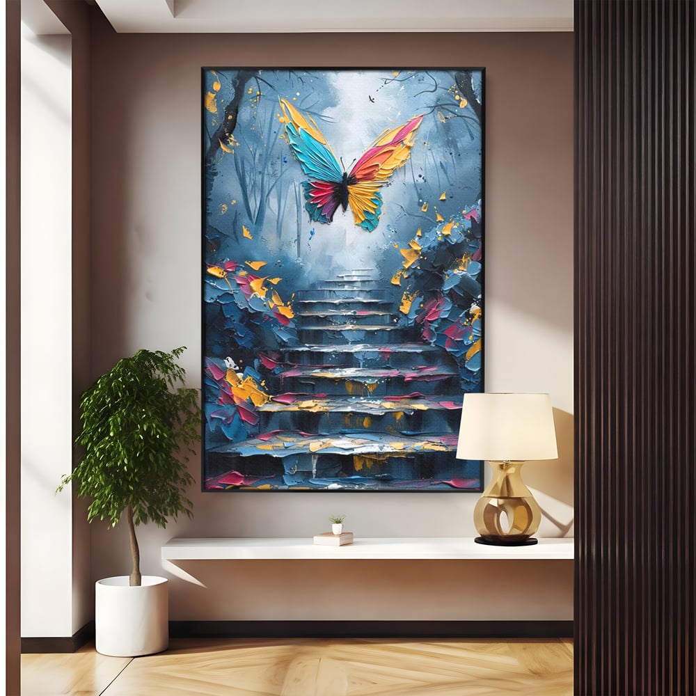 Tablou canvas cu tablou canvas cu fluture multicolor si scari, in rama de aluminiu negru