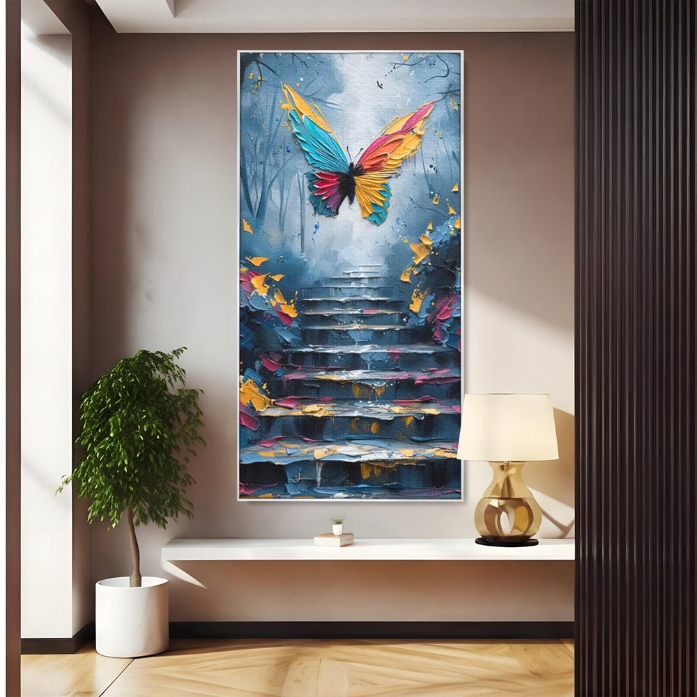 Tablou canvas cu tablou canvas cu fluture multicolor si scari, in rama de aluminiu argintiu