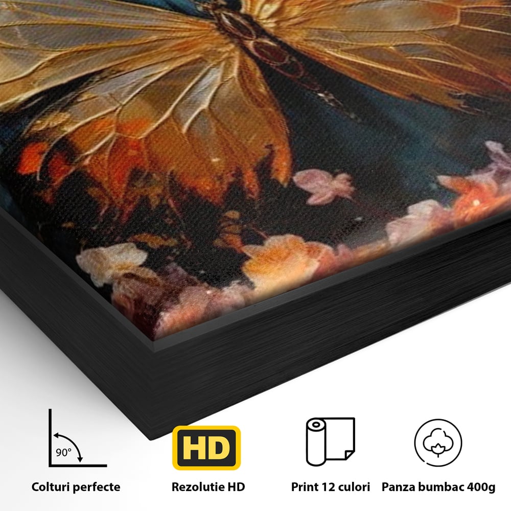 Detaliu al suprafetei: tablou canvas cu fluture auriu si flori, in rama de aluminiu negru