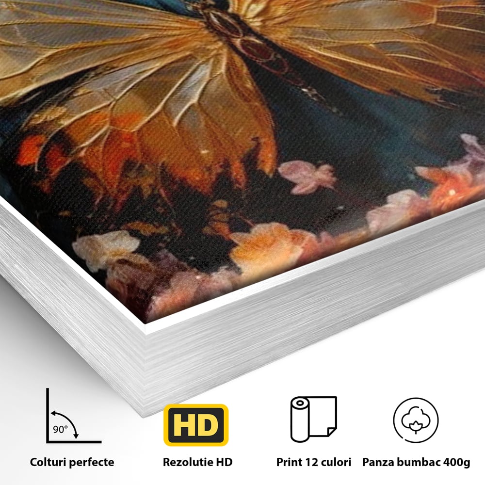 Detaliu al suprafetei: tablou canvas cu fluture auriu si flori, in rama de aluminiu argintiu