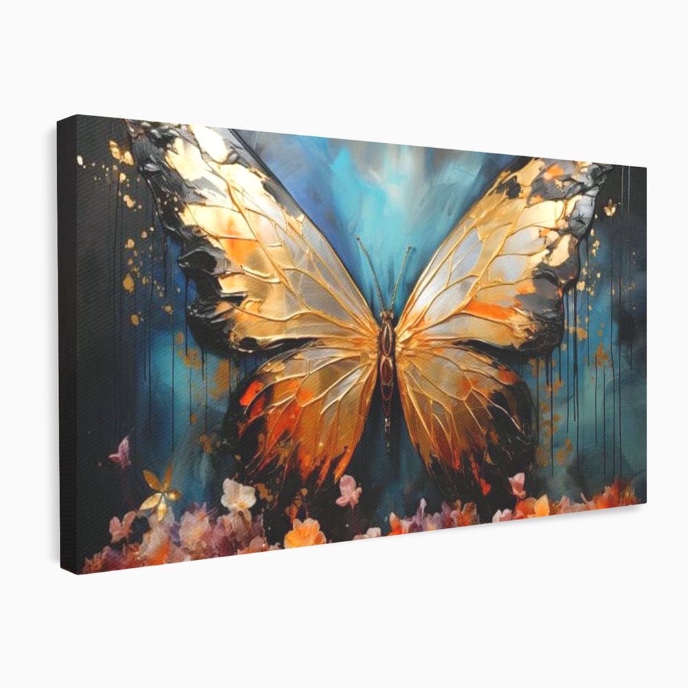 Tablou canvas cu tablou canvas cu fluture auriu si flori, fara rama, pe sasiu de lemn
