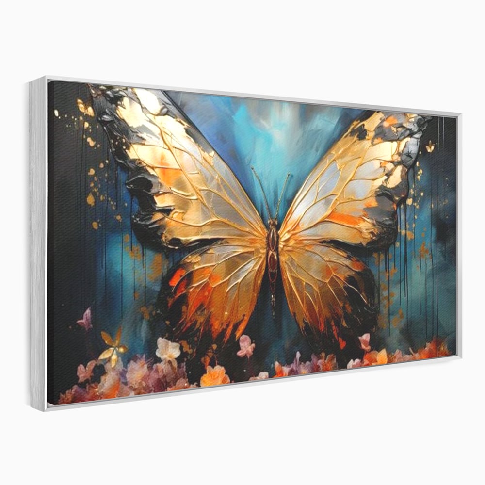 Tablou canvas cu tablou canvas cu fluture auriu si flori, in rama de aluminiu argintiu