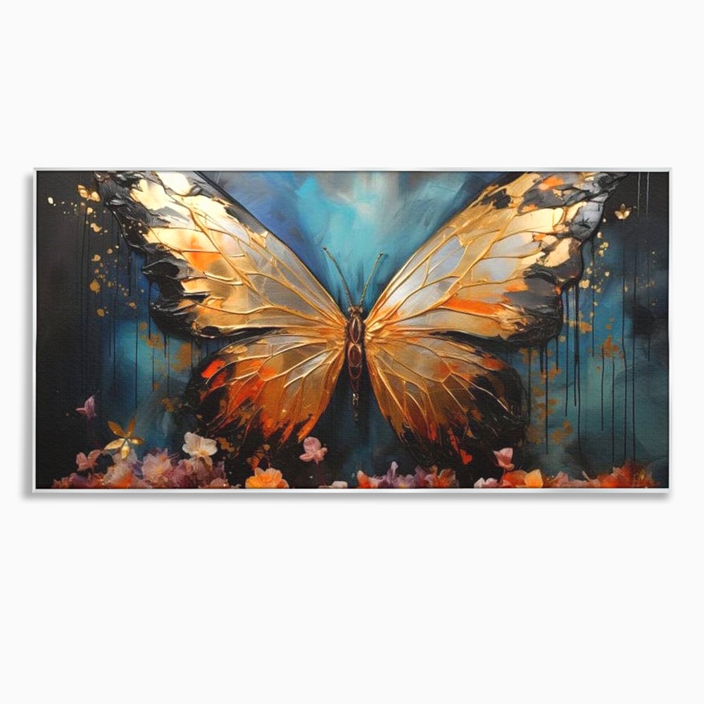 Tablou canvas cu tablou canvas cu fluture auriu si flori, in rama de aluminiu argintiu