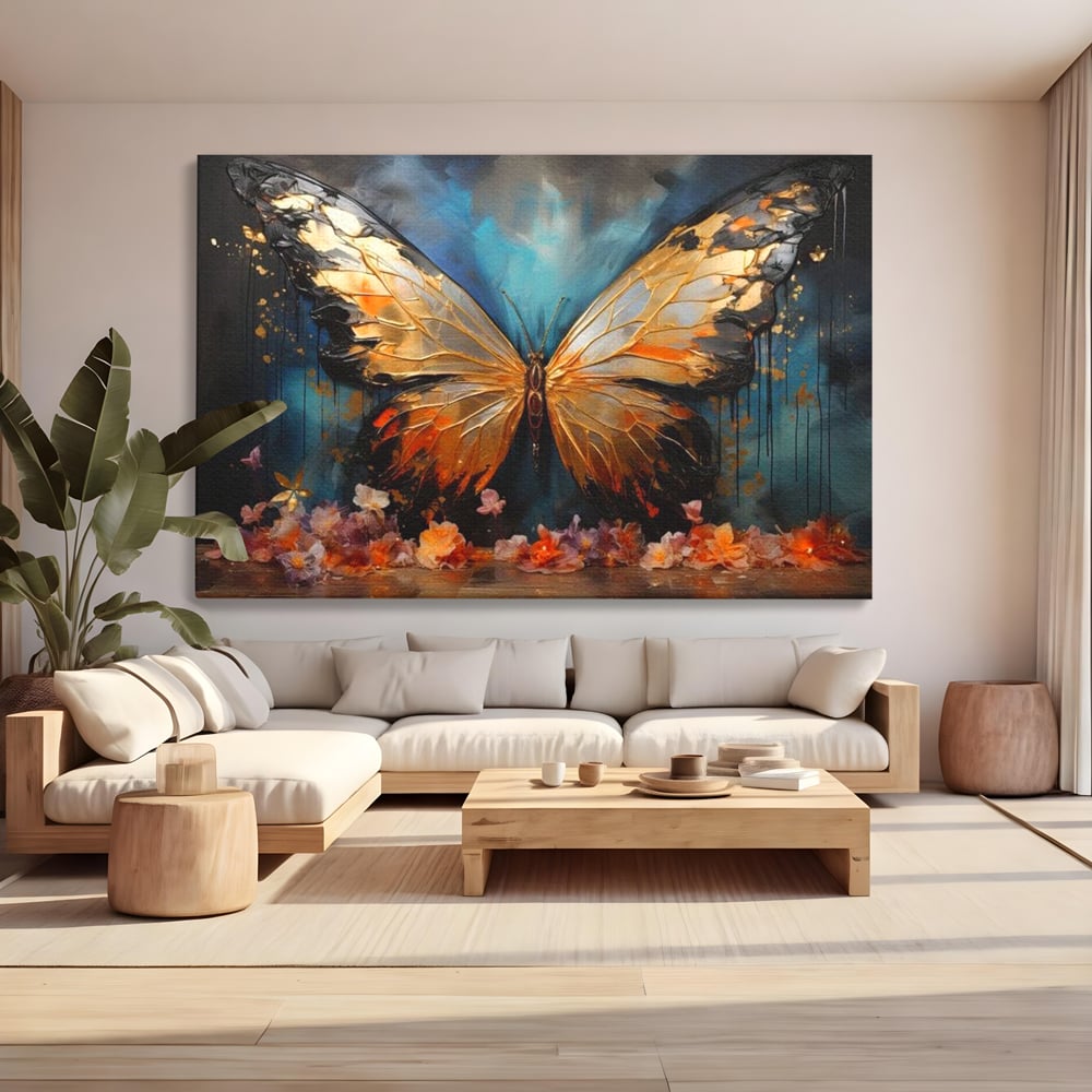 Tablou canvas cu tablou canvas cu fluture auriu si flori, fara rama, pe sasiu de lemn, pe perete intr-un living