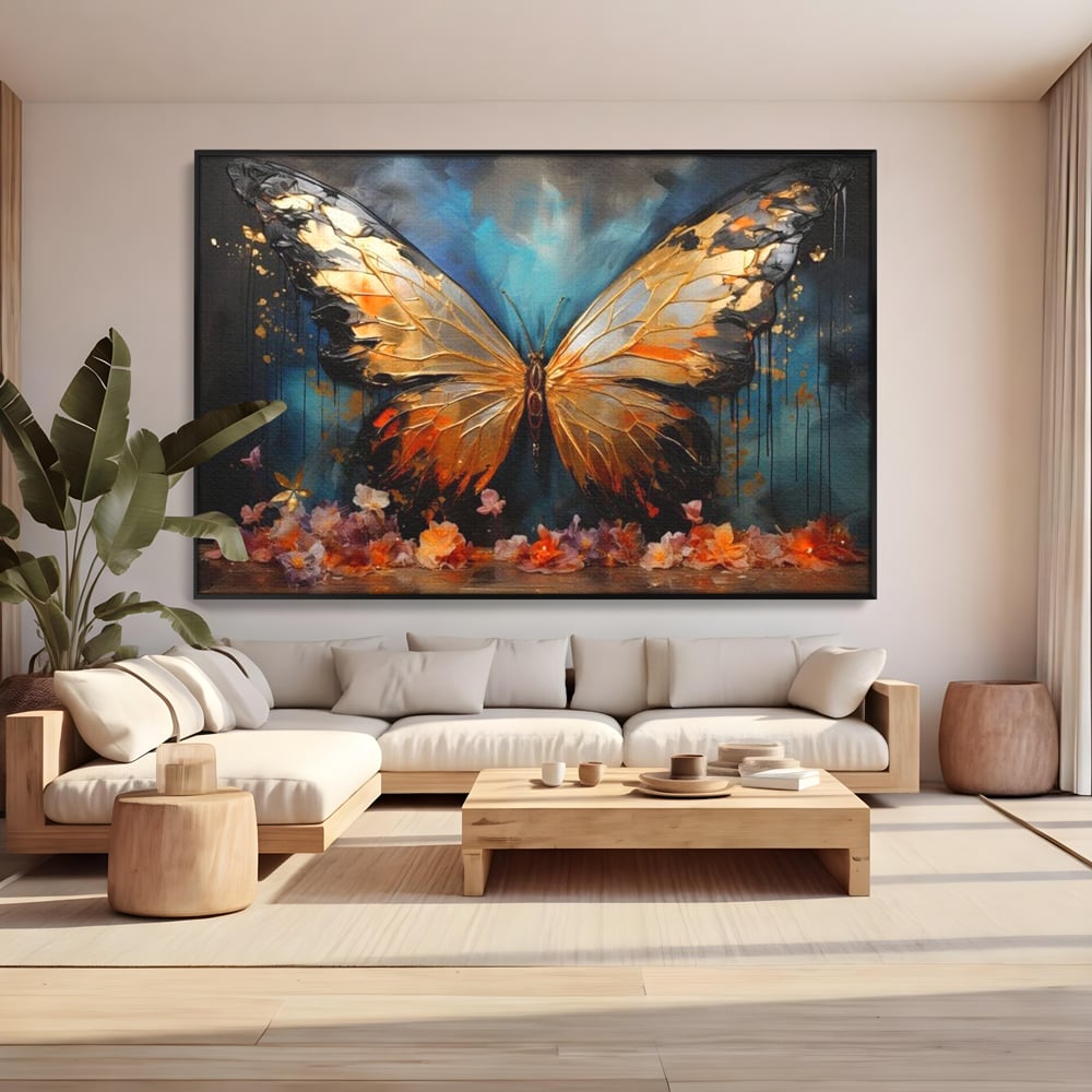 Tablou canvas cu tablou canvas cu fluture auriu si flori, in rama de aluminiu negru, pe perete intr-un living