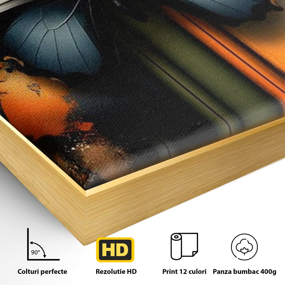 Detaliu al suprafetei: tablou canvas cu fluture si linii colorate, in rama de aluminiu auriu