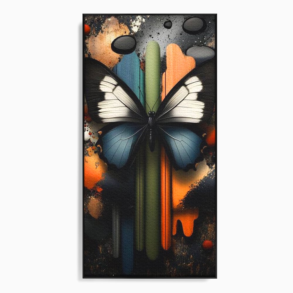 Tablou canvas cu tablou canvas cu fluture si linii colorate, in rama de aluminiu negru