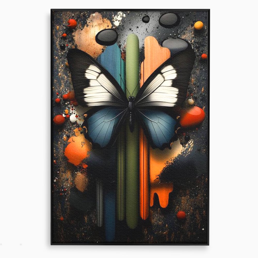 Tablou canvas cu tablou canvas cu fluture si linii colorate, in rama de aluminiu negru