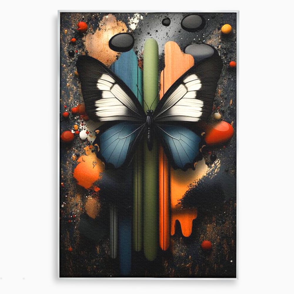 Tablou canvas cu tablou canvas cu fluture si linii colorate, in rama de aluminiu argintiu