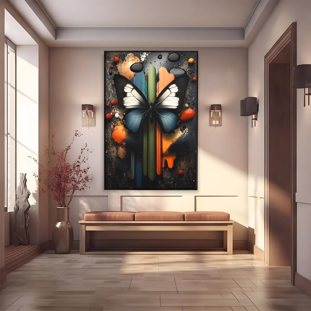 Tablou canvas cu tablou canvas cu fluture si linii colorate, in rama de aluminiu negru