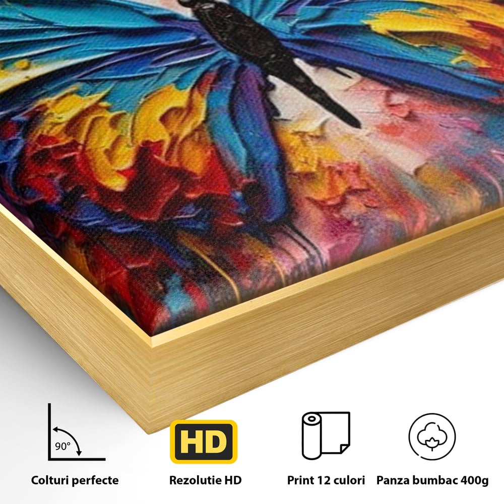 Detaliu al suprafetei: pictura cu fluture colorat, in rama de aluminiu auriu