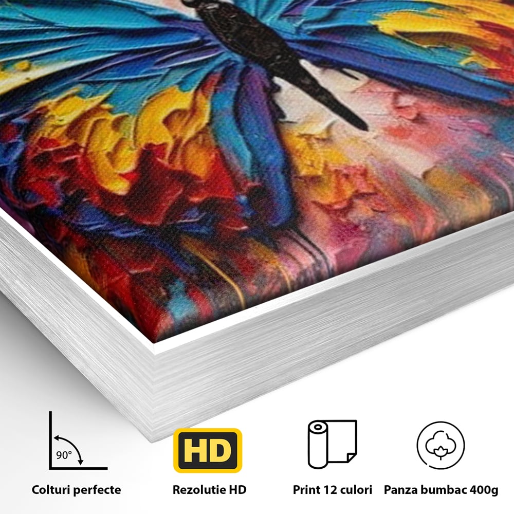 Detaliu al suprafetei: pictura cu fluture colorat, in rama de aluminiu argintiu