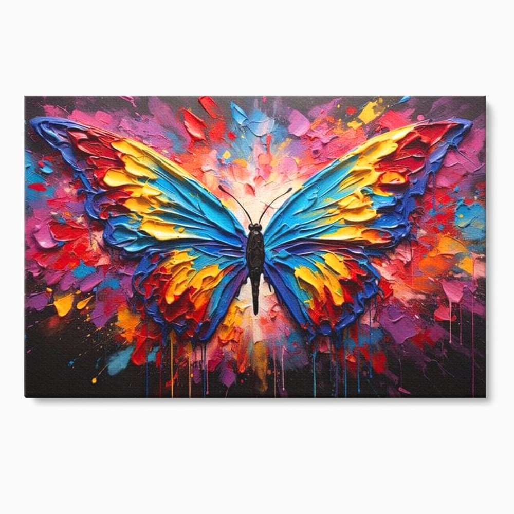 Tablou canvas cu pictura cu fluture colorat, fara rama, pe sasiu de lemn