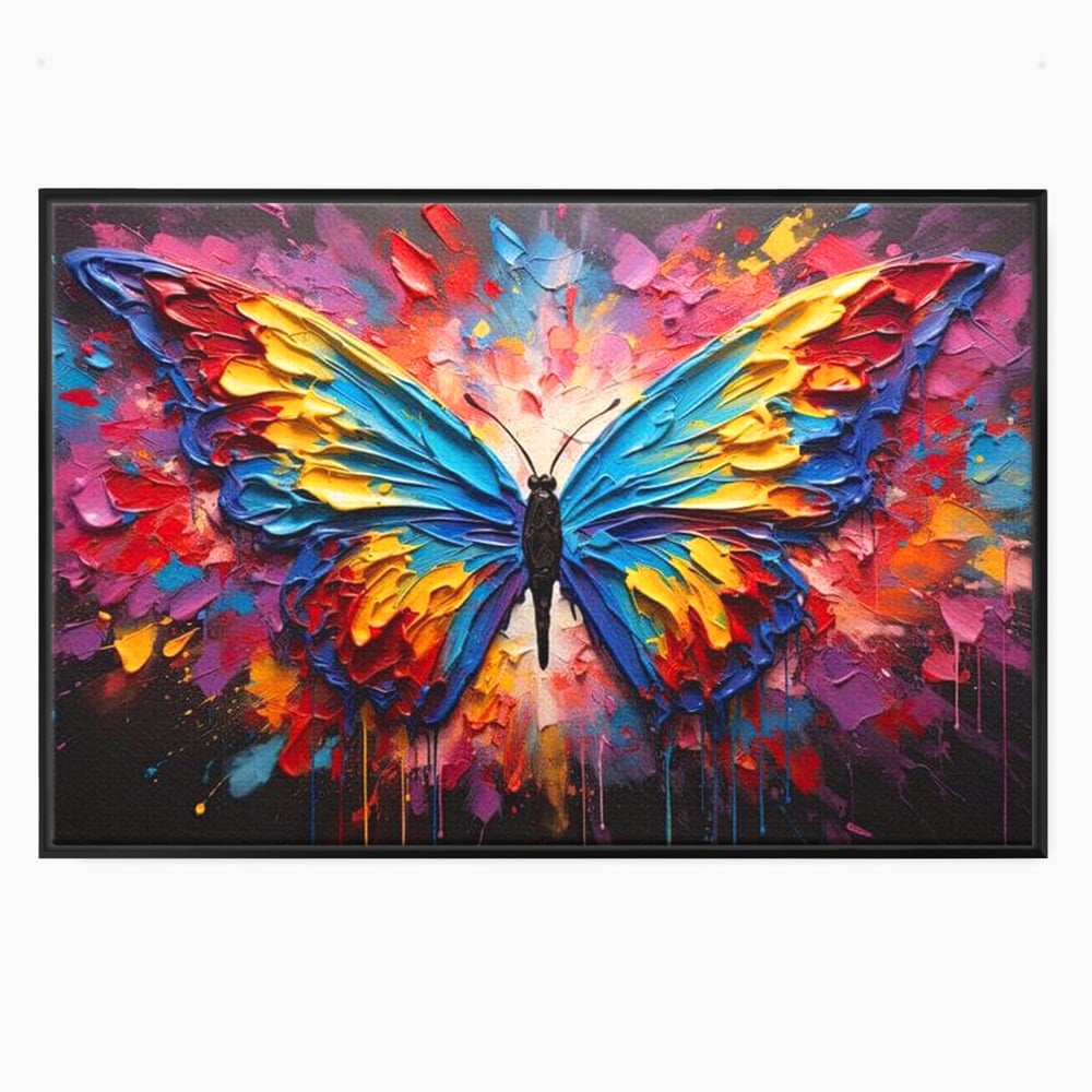 Tablou canvas cu pictura cu fluture colorat, in rama de aluminiu negru