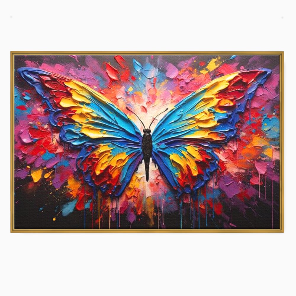 Tablou canvas cu pictura cu fluture colorat, in rama de aluminiu auriu