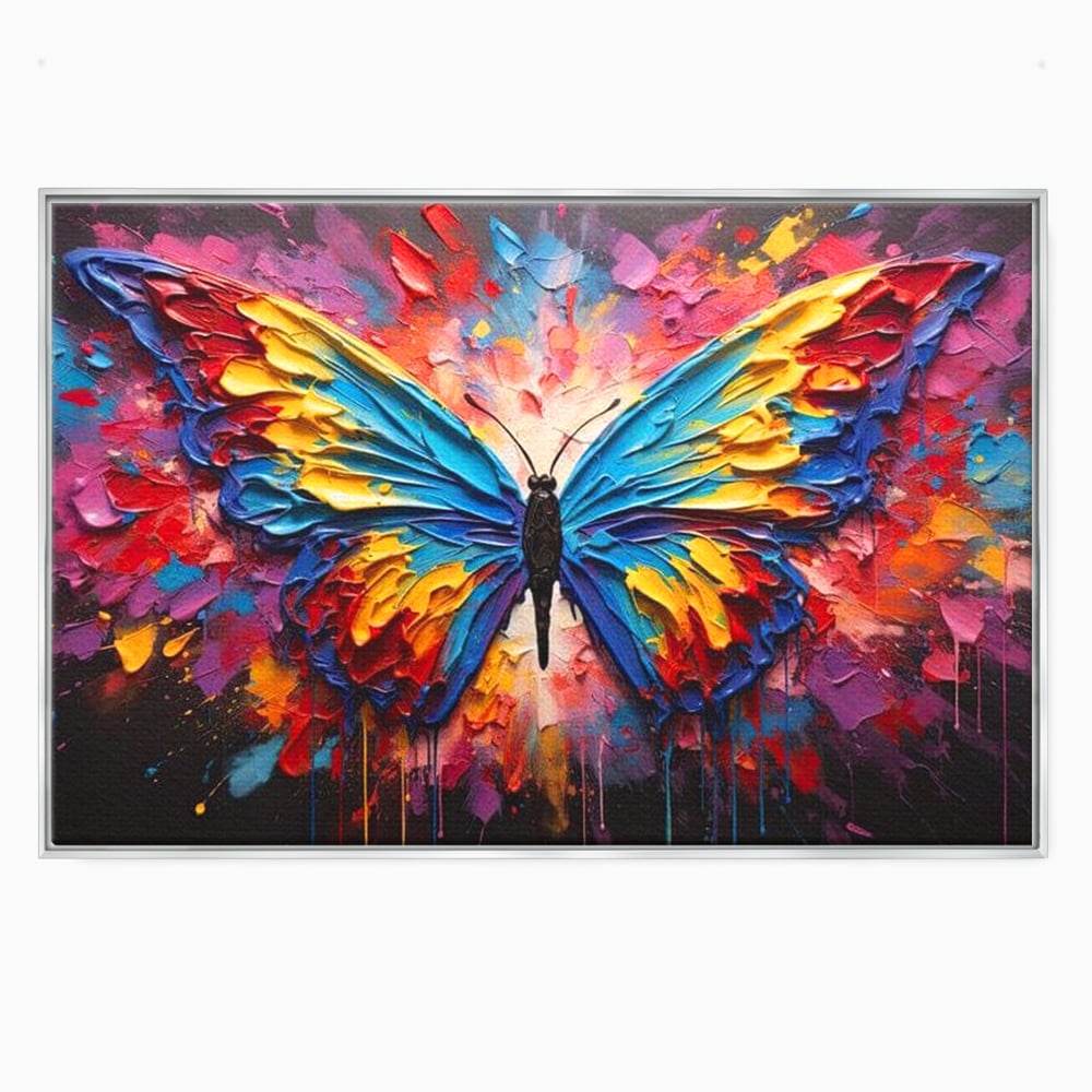 Tablou canvas cu pictura cu fluture colorat, in rama de aluminiu argintiu