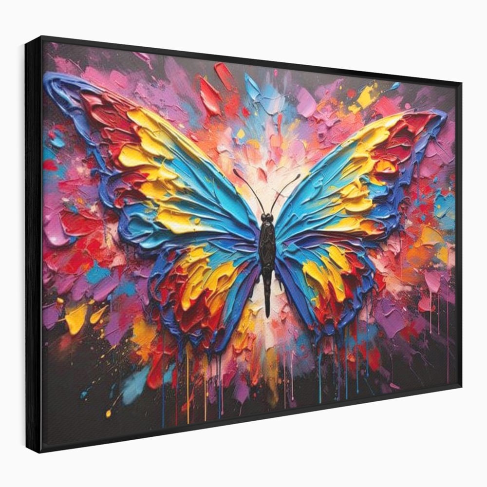 Tablou canvas cu pictura cu fluture colorat, in rama de aluminiu negru