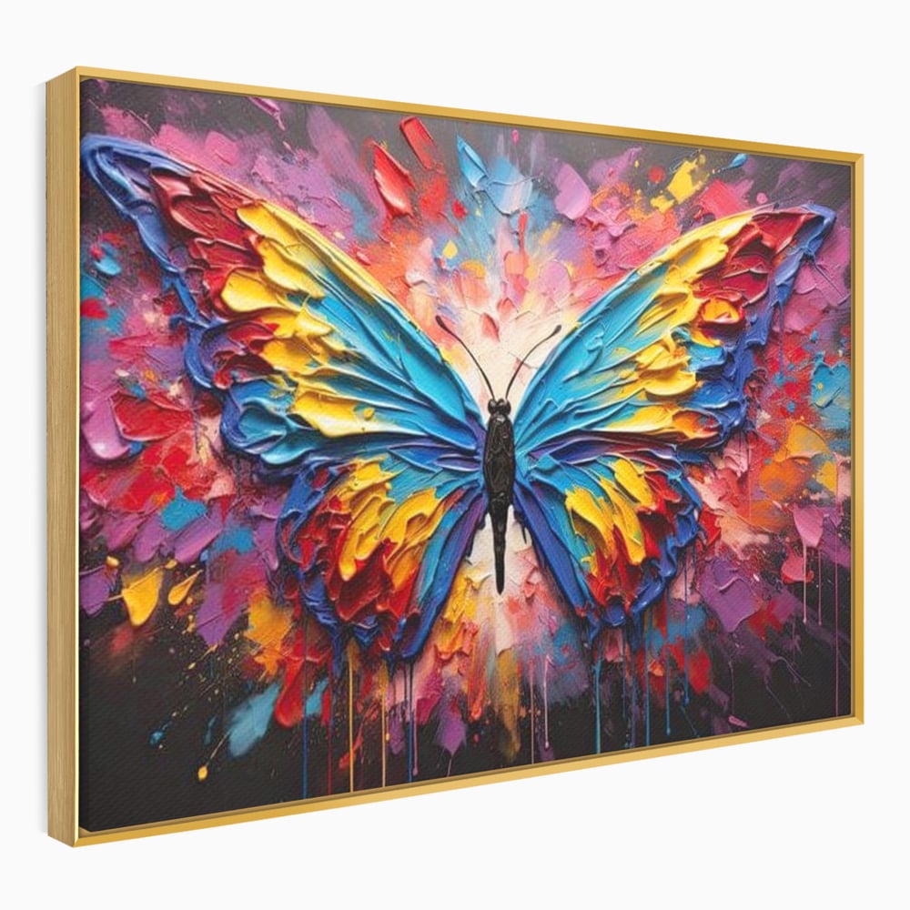 Tablou canvas cu pictura cu fluture colorat, in rama de aluminiu auriu