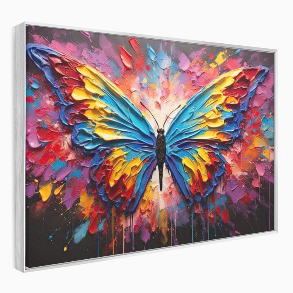 Tablou canvas cu pictura cu fluture colorat, in rama de aluminiu argintiu