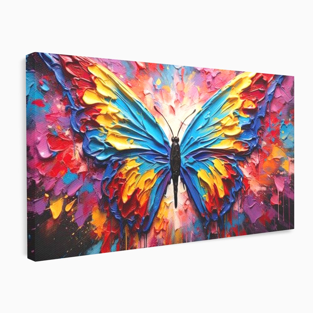 Tablou canvas cu pictura cu fluture colorat, fara rama, pe sasiu de lemn