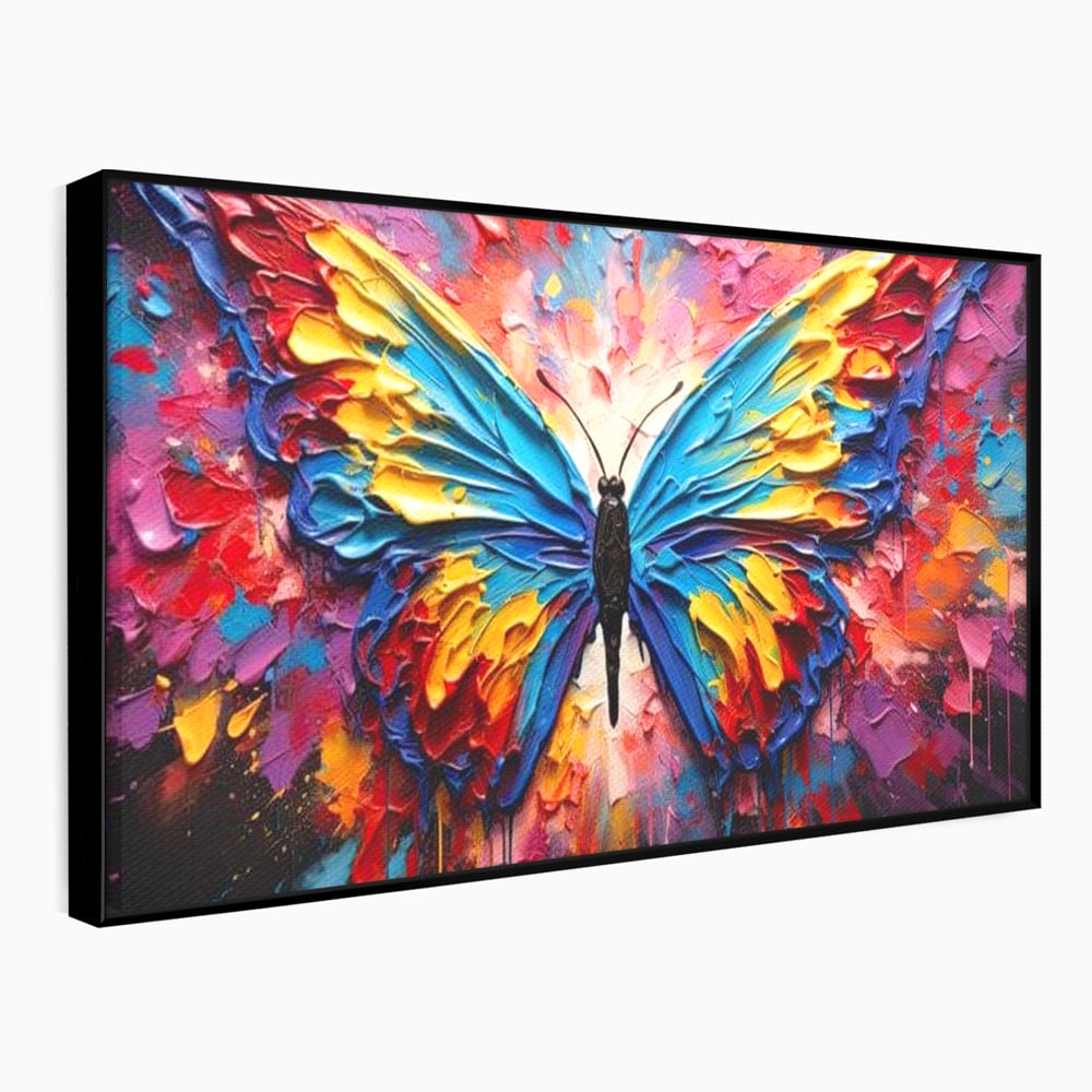 Tablou canvas cu pictura cu fluture colorat, in rama de aluminiu negru