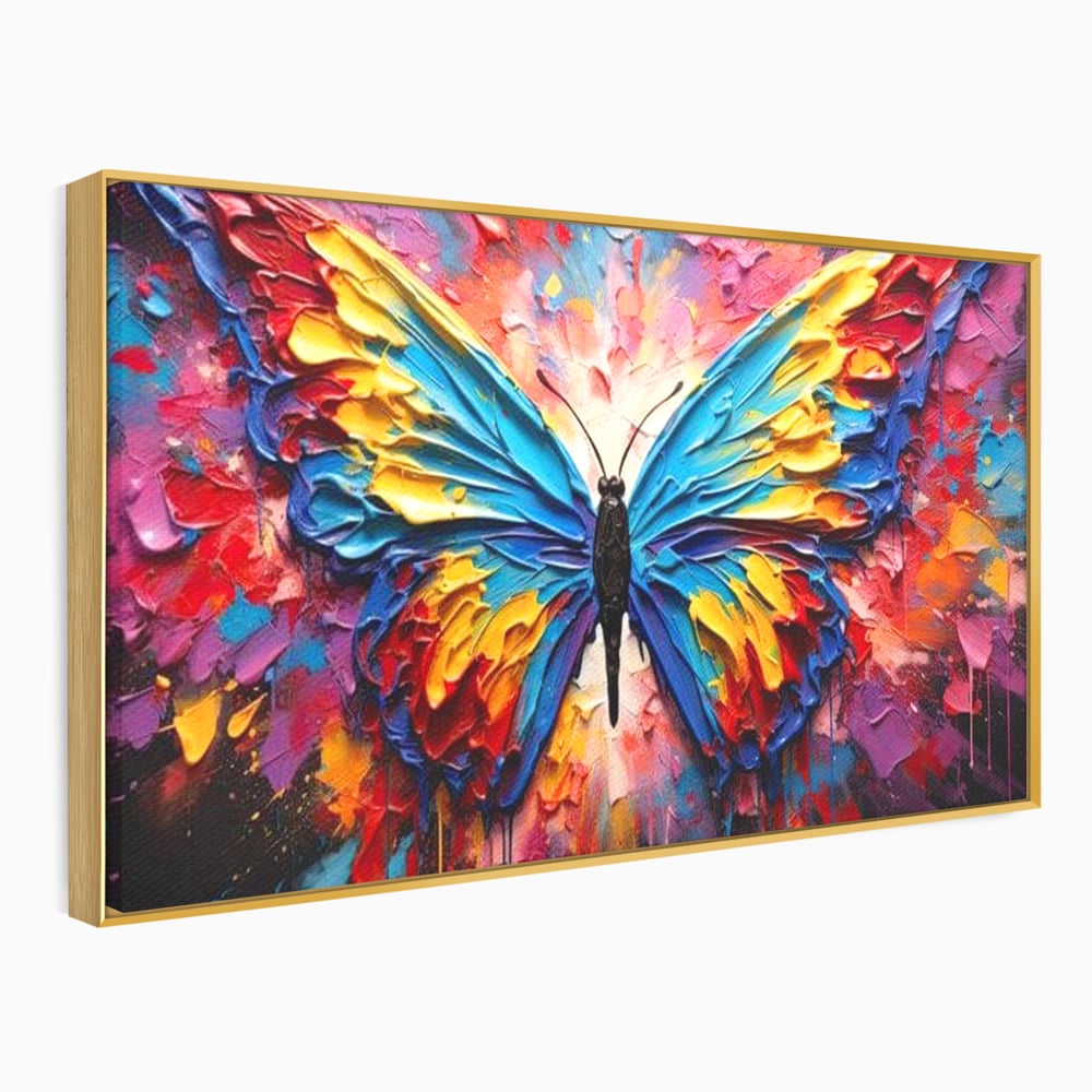Tablou canvas cu pictura cu fluture colorat, in rama de aluminiu auriu