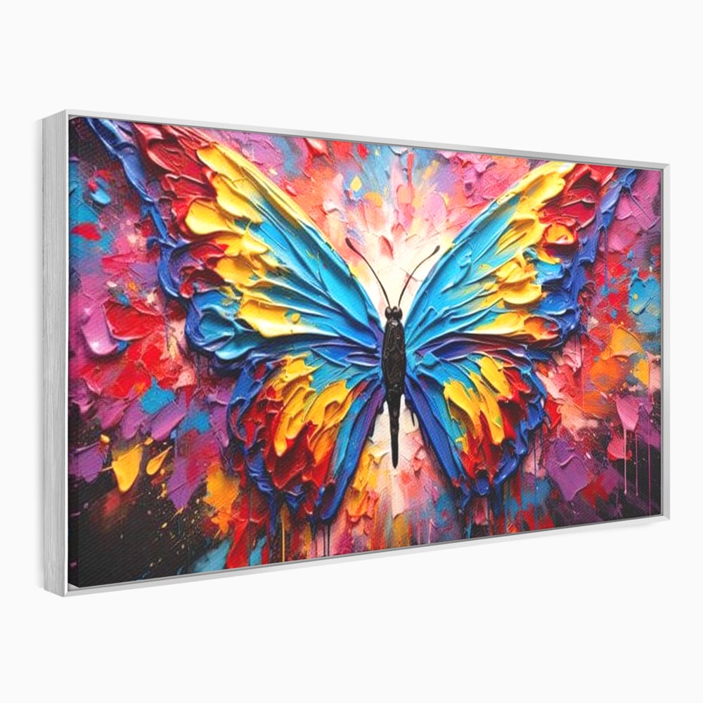Tablou canvas cu pictura cu fluture colorat, in rama de aluminiu argintiu