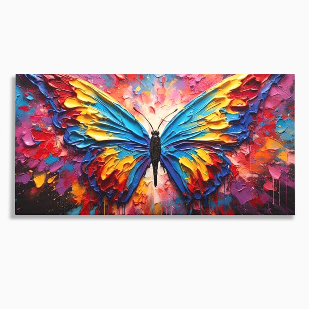 Tablou canvas cu pictura cu fluture colorat, fara rama, pe sasiu de lemn