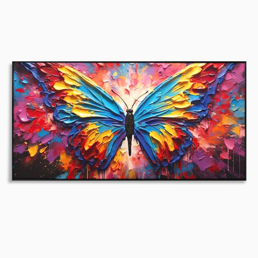 Tablou canvas cu pictura cu fluture colorat, in rama de aluminiu negru
