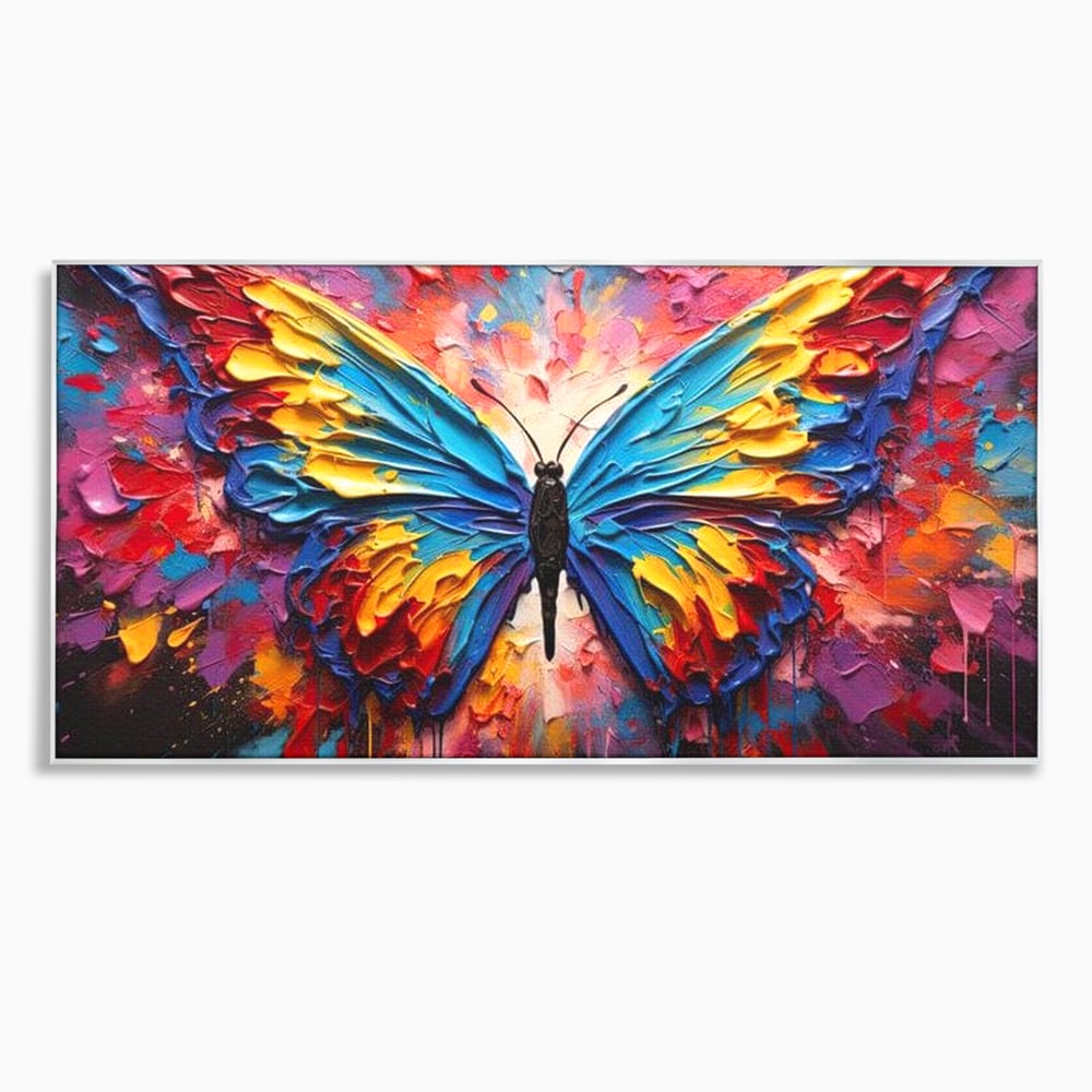 Tablou canvas cu pictura cu fluture colorat, in rama de aluminiu argintiu