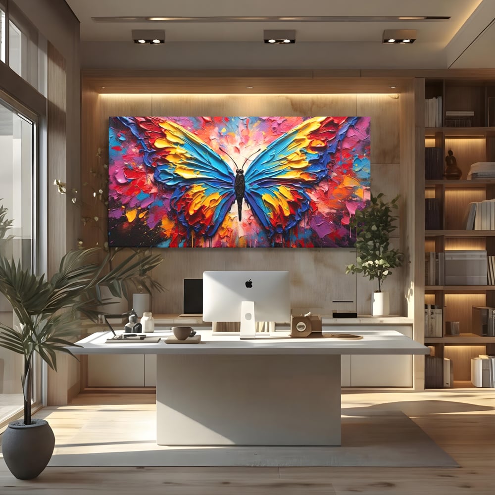 Tablou canvas cu pictura cu fluture colorat, fara rama, pe sasiu de lemn, pe perete intr-un birou