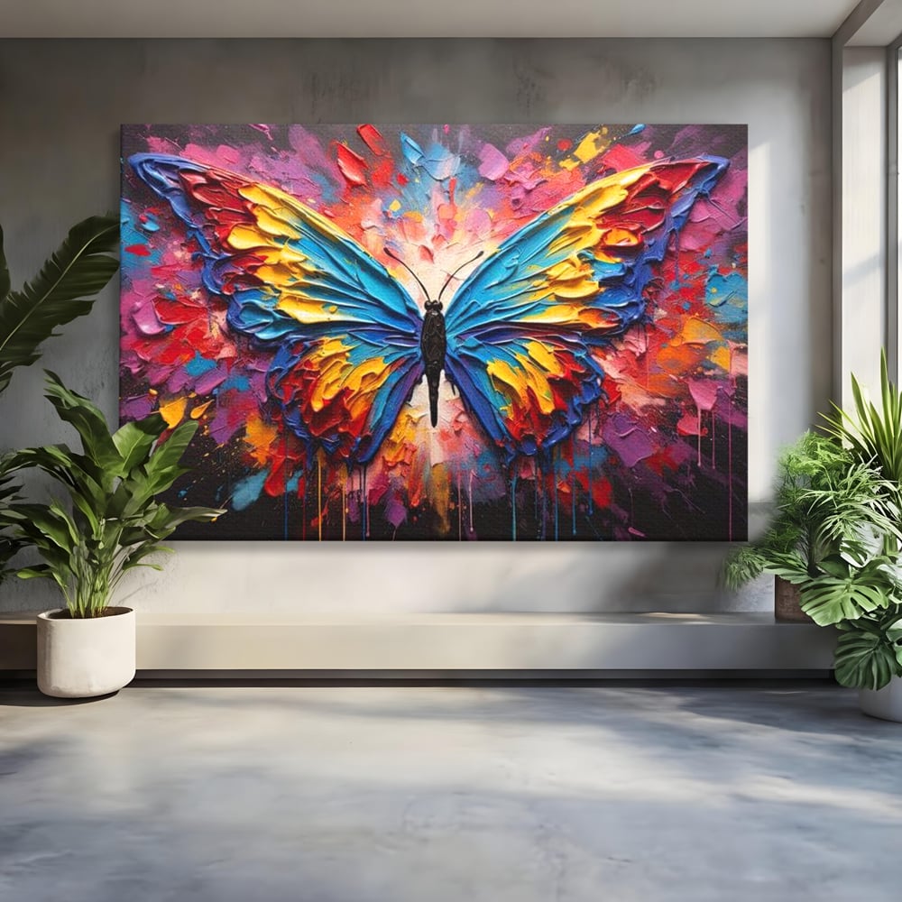 Tablou canvas cu pictura cu fluture colorat, fara rama, pe sasiu de lemn