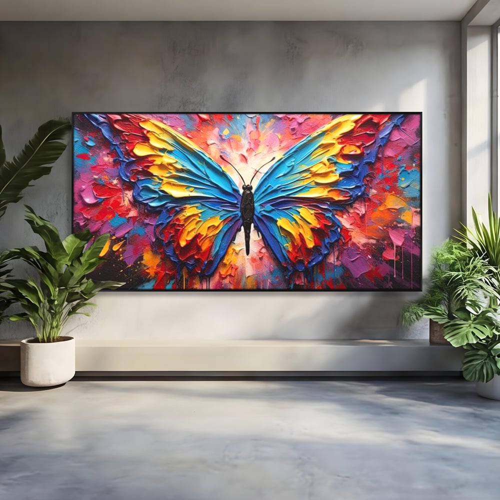 Tablou canvas cu pictura cu fluture colorat, in rama de aluminiu negru