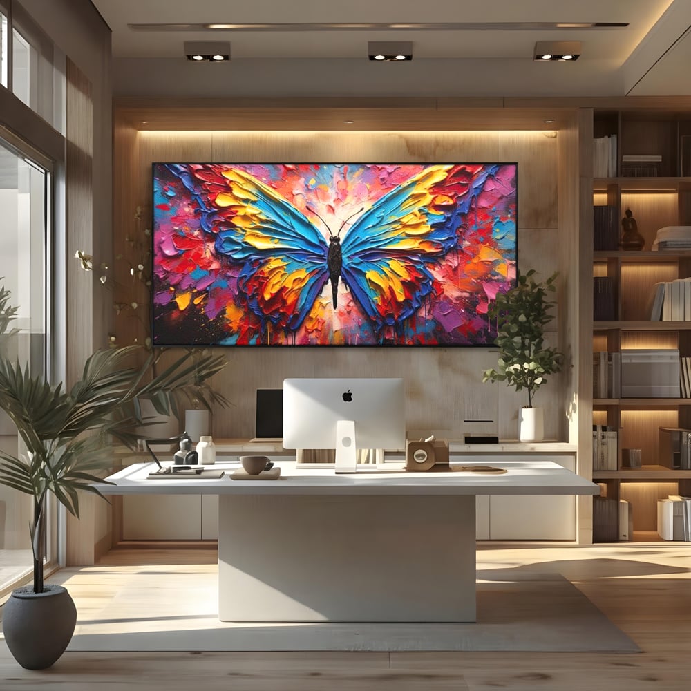 Tablou canvas cu pictura cu fluture colorat, in rama de aluminiu negru, pe perete intr-un birou