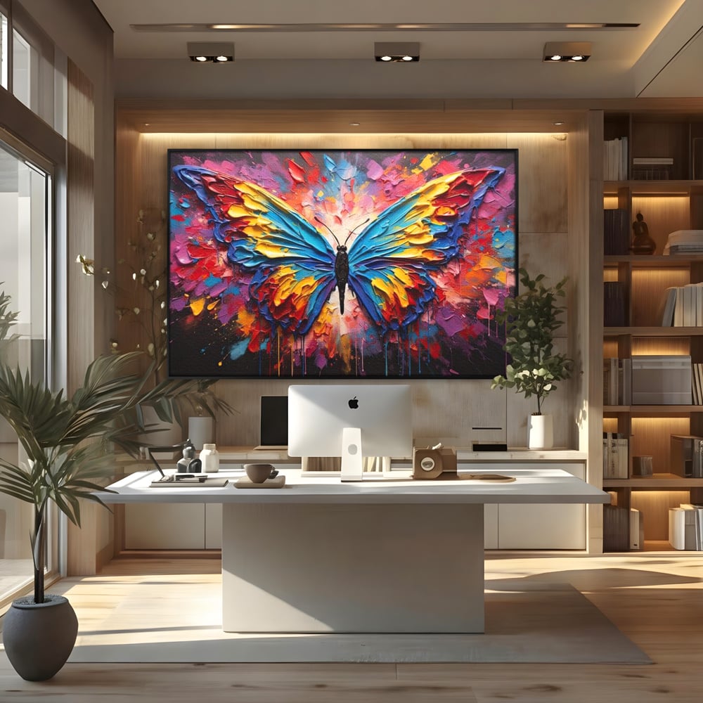 Tablou canvas cu pictura cu fluture colorat, in rama de aluminiu negru, pe perete intr-un birou