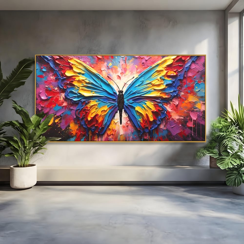 Tablou canvas cu pictura cu fluture colorat, in rama de aluminiu auriu