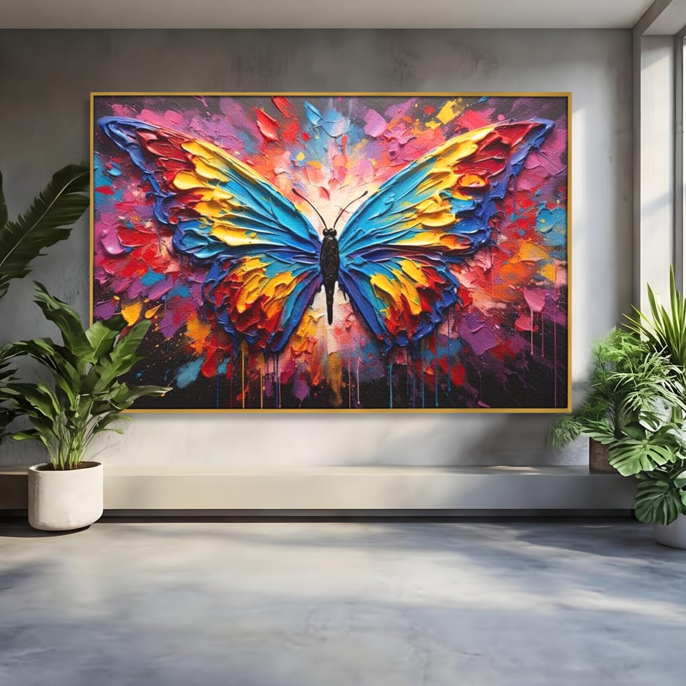 Tablou canvas cu pictura cu fluture colorat, in rama de aluminiu auriu