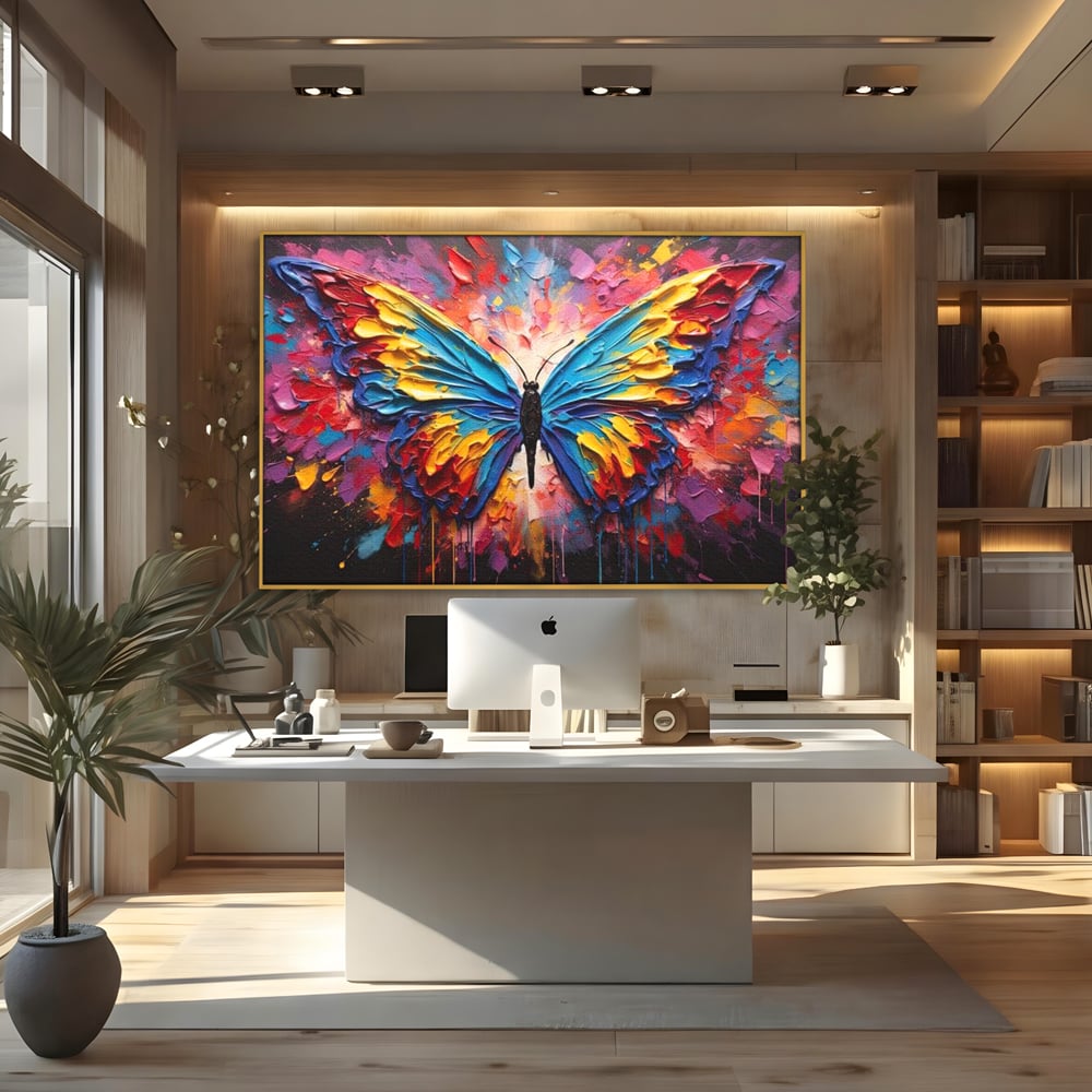 Tablou canvas cu pictura cu fluture colorat, in rama de aluminiu auriu, pe perete intr-un birou