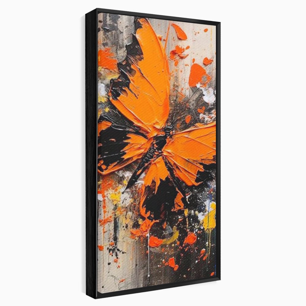 Tablou canvas cu tablou canvas cu fluture portocaliu pe fundal antracit, in rama de aluminiu negru