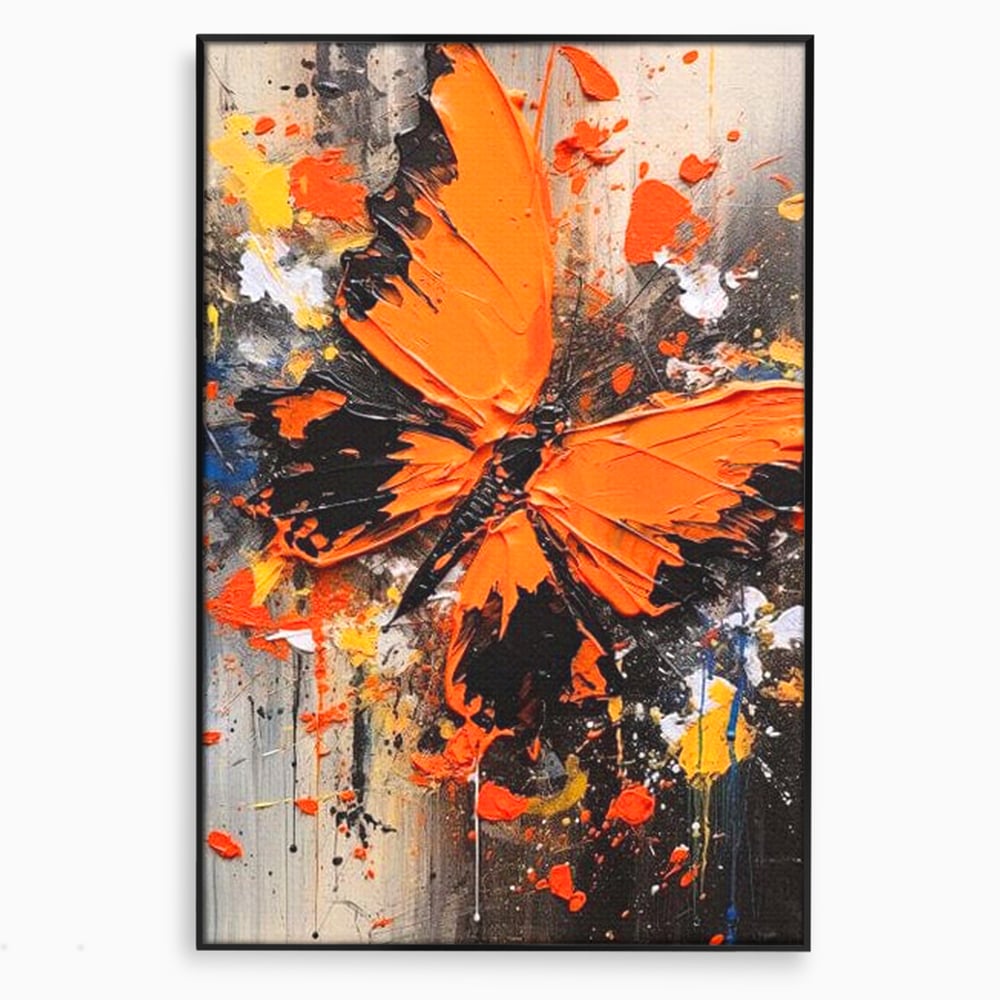 Tablou canvas cu tablou canvas cu fluture portocaliu pe fundal antracit, in rama de aluminiu negru