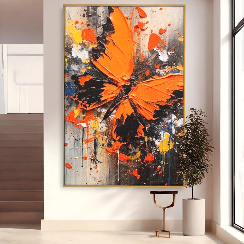 Tablou canvas cu tablou canvas cu fluture portocaliu pe fundal antracit, in rama de aluminiu auriu