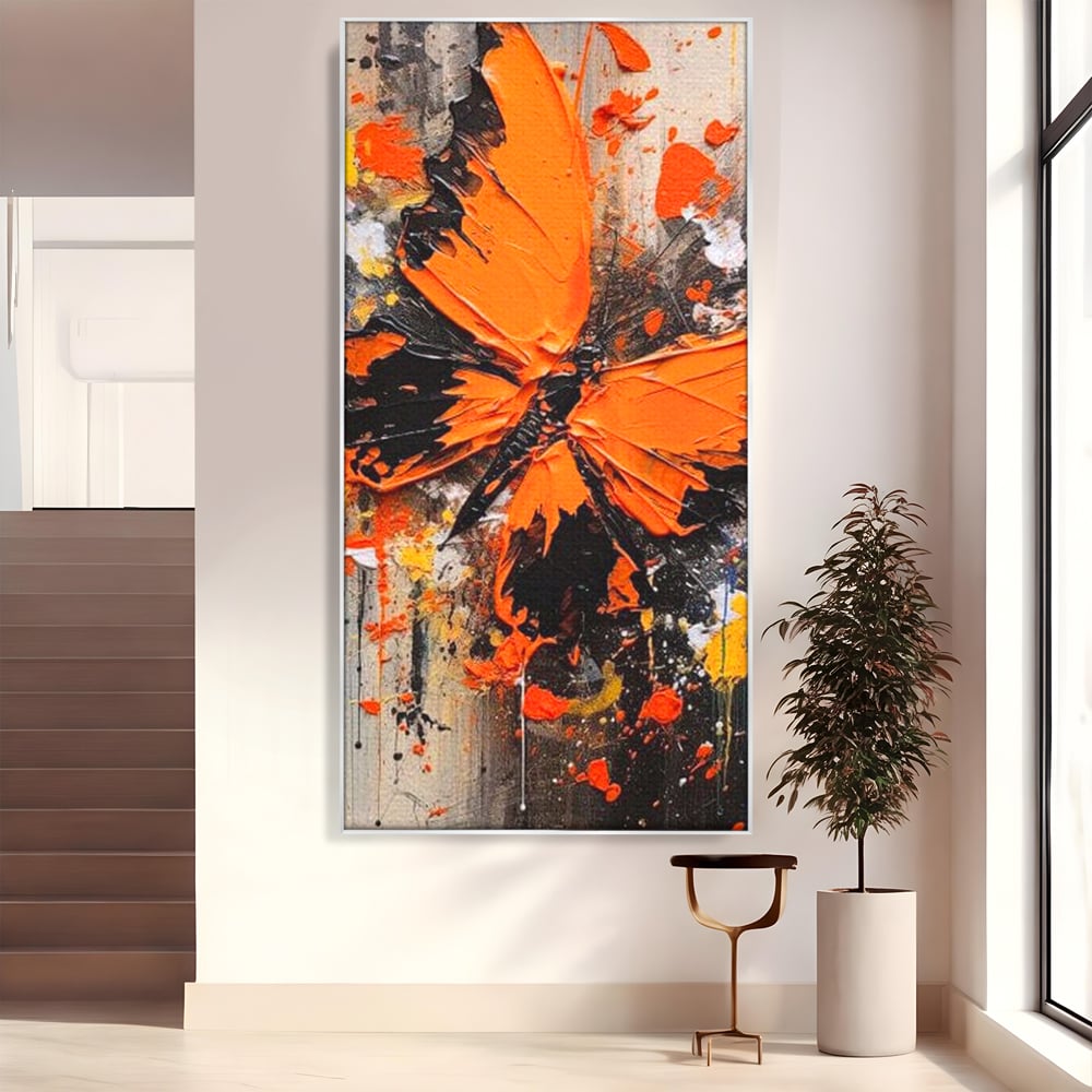 Tablou canvas cu tablou canvas cu fluture portocaliu pe fundal antracit, in rama de aluminiu argintiu