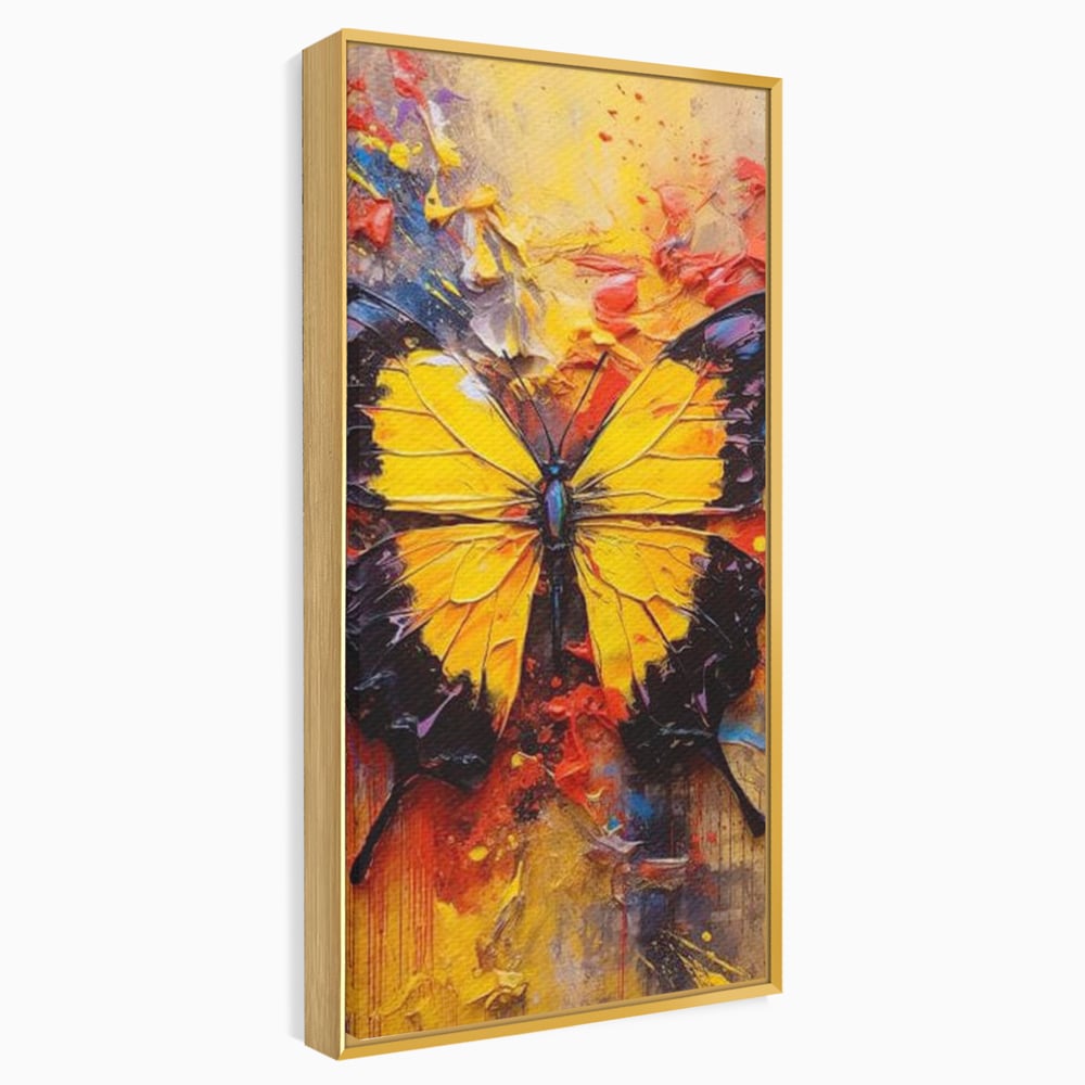 Tablou canvas cu pictura cu fluture galben, in rama de aluminiu auriu