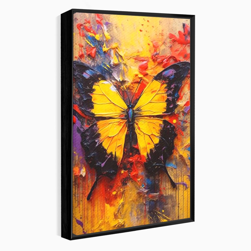 Tablou canvas cu pictura cu fluture galben, in rama de aluminiu negru