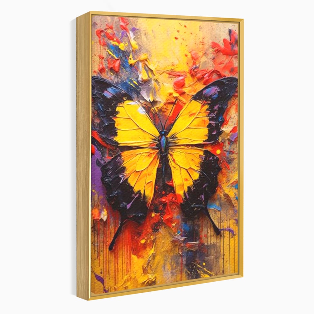 Tablou canvas cu pictura cu fluture galben, in rama de aluminiu auriu