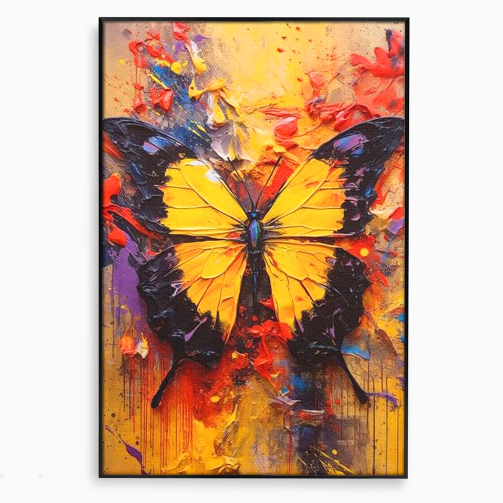 Tablou canvas cu pictura cu fluture galben, in rama de aluminiu negru