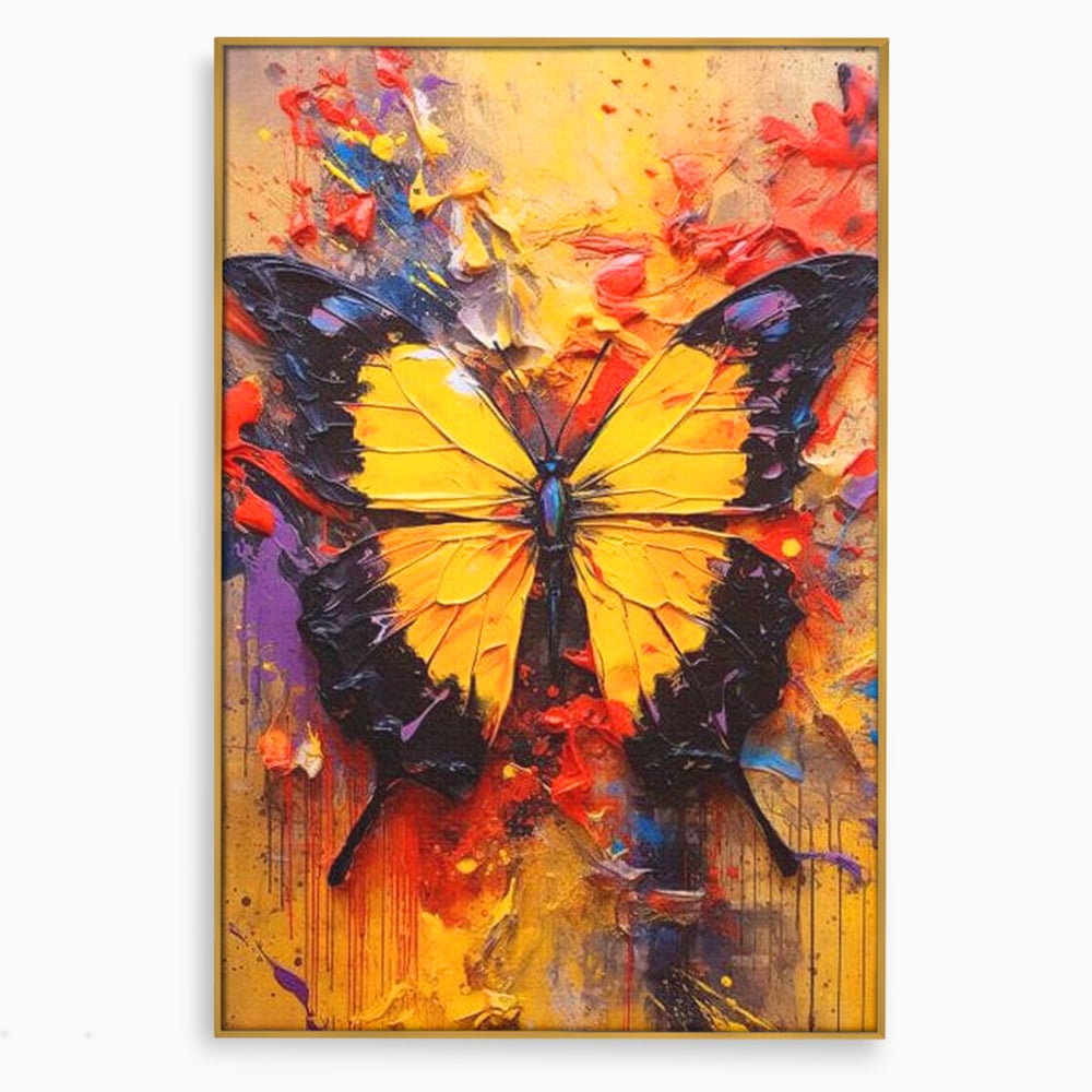 Tablou canvas cu pictura cu fluture galben, in rama de aluminiu auriu