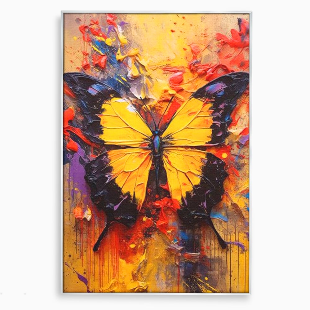 Tablou canvas cu pictura cu fluture galben, in rama de aluminiu argintiu